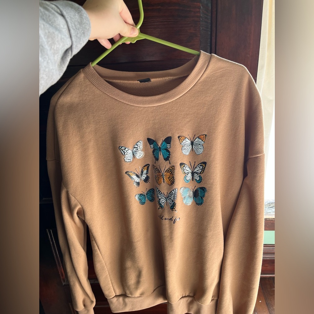 SHEIN Tan Sweatshirt with Butterfly Print